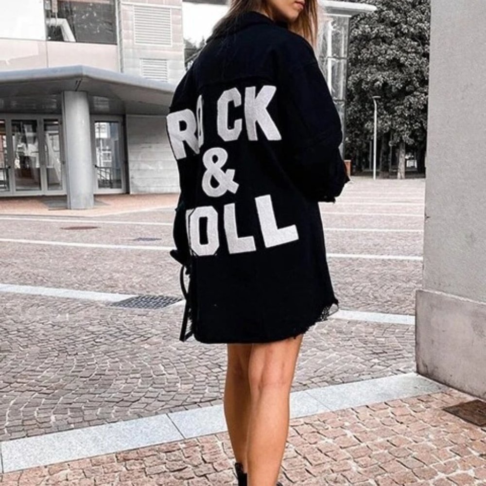 BLACK DENIM JACKET ROCK & ROLL - Picture 3 of 16